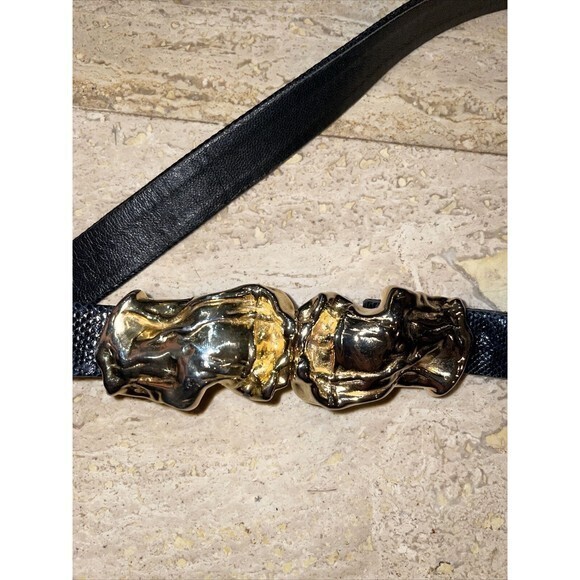 Vintage Morris Moskowitz Black Belt Genuine Reptile Size M Gold Belt Buckle - Picture 2 of 9